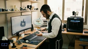מעצב תלת מימד עם כיפה בוחן אבטיפוס בעזרת מגדלת תאורה במשרד עם מדפסת תלת מימד ומחשב עיצוב