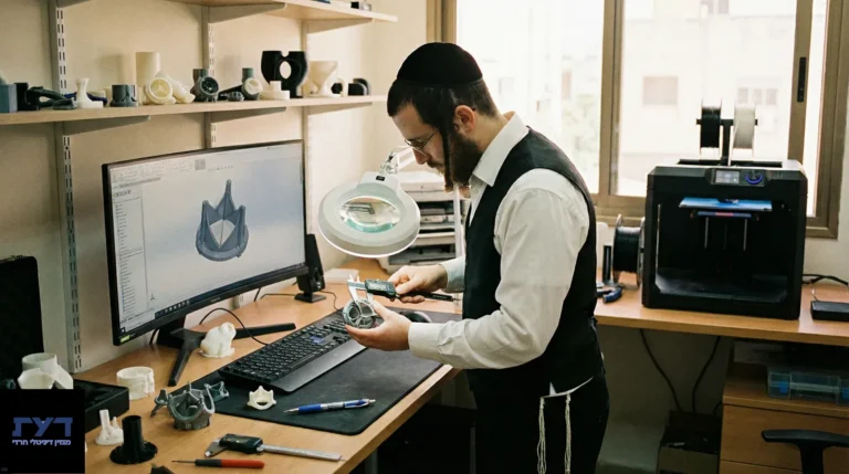 מעצב תלת מימד עם כיפה בוחן אבטיפוס בעזרת מגדלת תאורה במשרד עם מדפסת תלת מימד ומחשב עיצוב