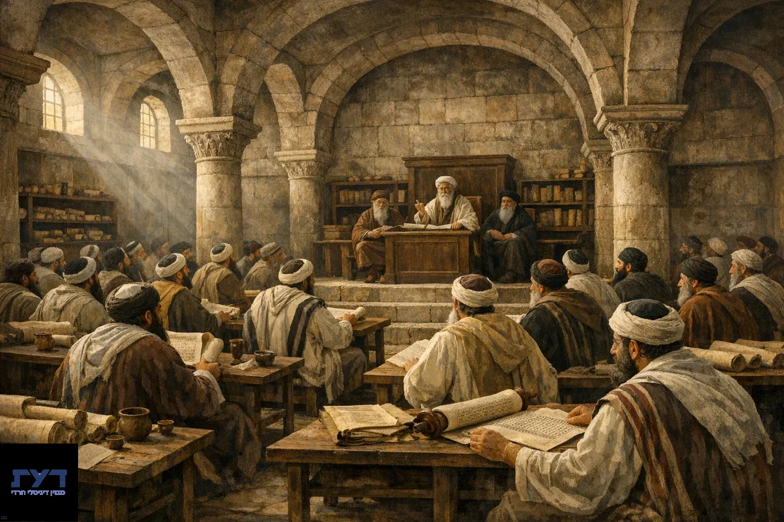אולם לימוד ישיבה בבלית עתיקה עם תלמידי חכמים יושבים בשורות מול במה מרכזית, עמודי אבן מקושתים ומגילות פרושות על שולחנות