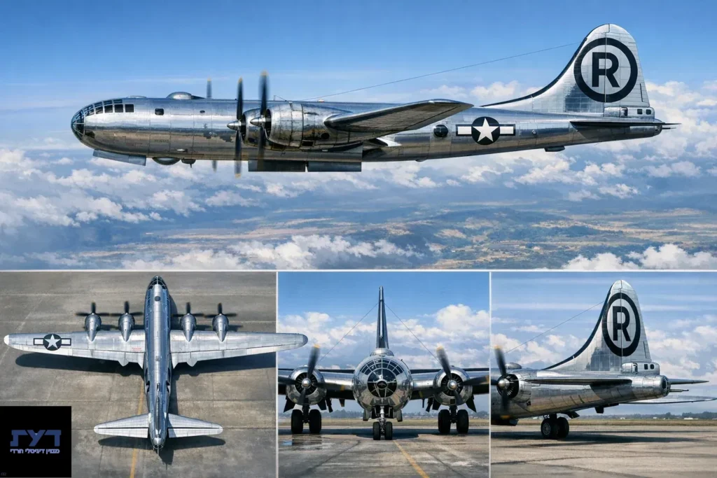 מפציץ B-29 סופרפורטרס כסוף בטיסה מעל עננים עם סימני חיל האוויר האמריקאי, ושלוש תמונות נוספות מזוויות שונות