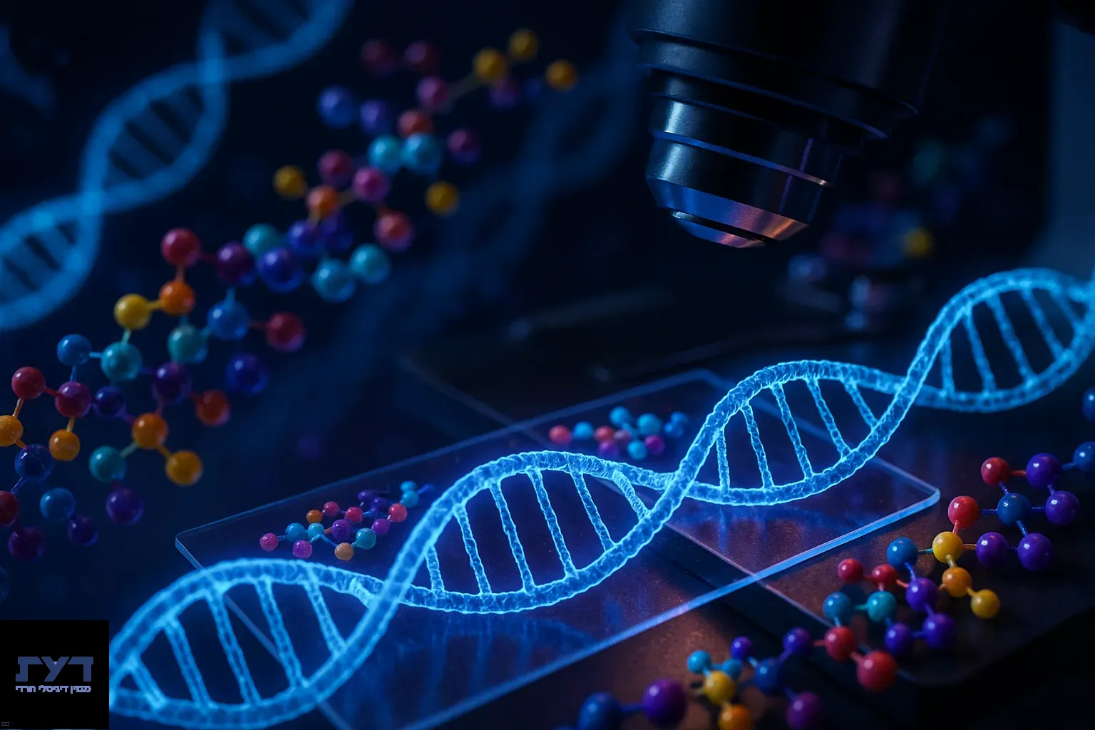 זוגות DNA זוהרים בכחול עם מודלים מולקולריים צבעוניים תחת מיקרוסקופ במעבדה גנטית