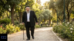 גבר יהודי חרדי מבוגר עם זקן לבן וכיפה מחייך ומטייל בפארק ירוק עם מקל הליכה בין שיחי פרחים וצמחייה