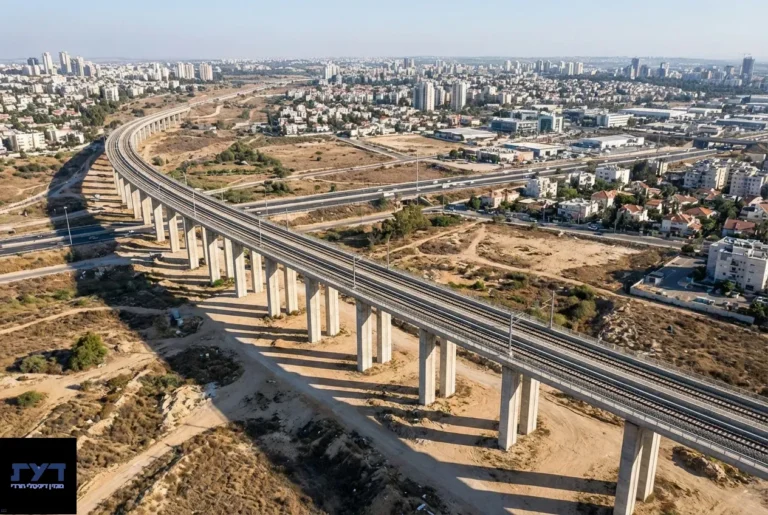 גשר רכבת מוגבה על עמודי בטון חוצה שטח פתוח עם עיר מודרנית ברקע, צילום אווירי