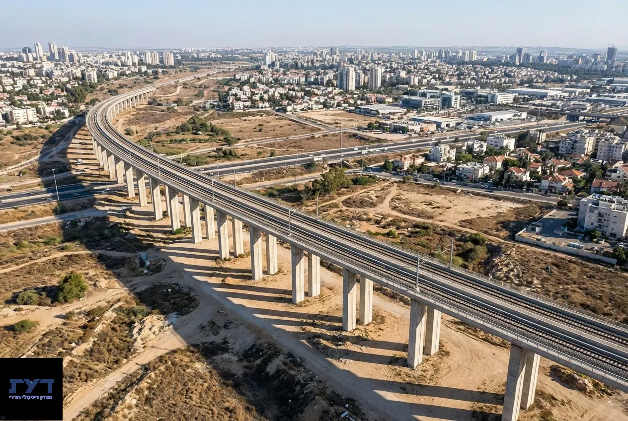 גשר רכבת מוגבה על עמודי בטון חוצה שטח פתוח עם עיר מודרנית ברקע, צילום אווירי