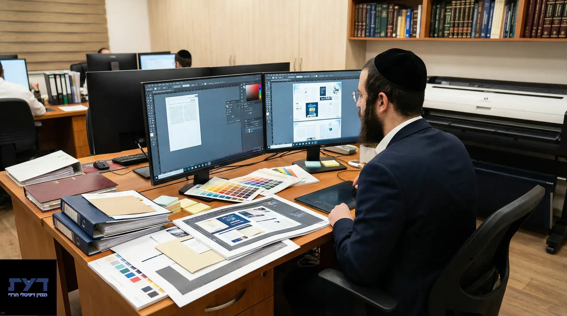 מעצב גרפי חרדי עובד על שני מסכים עם תוכנות עיצוב, שולחן עמוס בדוגמאות צבע ומסמכי עיצוב במשרד מקצועי