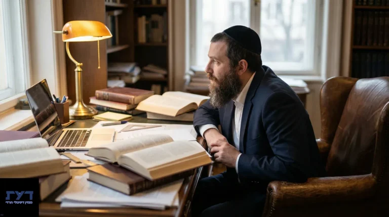 גבר חרדי יושב ליד שולחן עמוס בספרים ומחשב נייד, מביט למרחק במחשבה, תאורת מנורה חמה