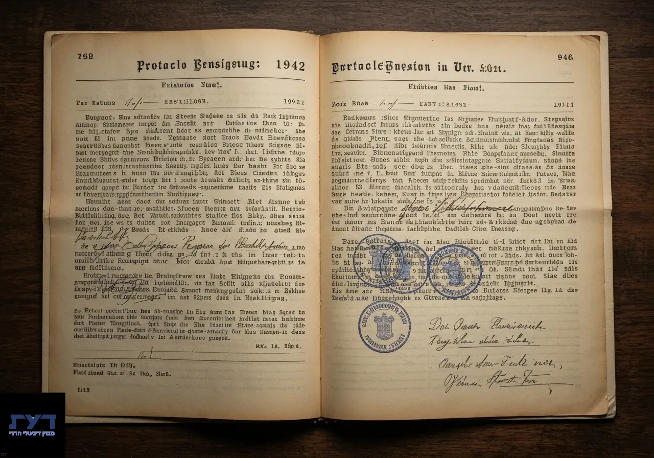 מסמך פרוטוקול היסטורי פתוח מ-1942 בגרמנית עם חותמות רשמיות וכתב יד על שטח עץ כהה