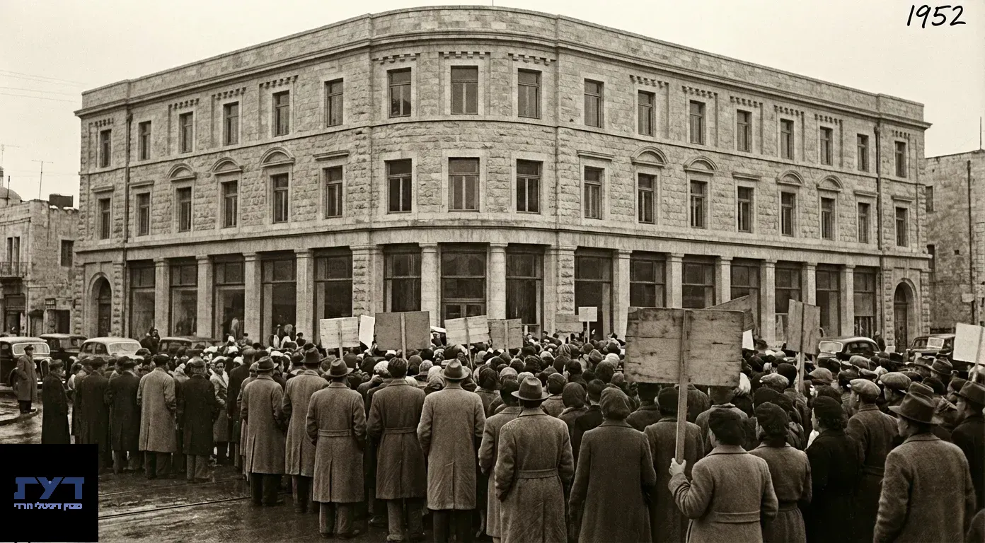קהל גדול של גברים בעלי כובעים ומעילים מתאסף בהפגנה מול בניין אבן תלת-קומתי בירושלים, 1952