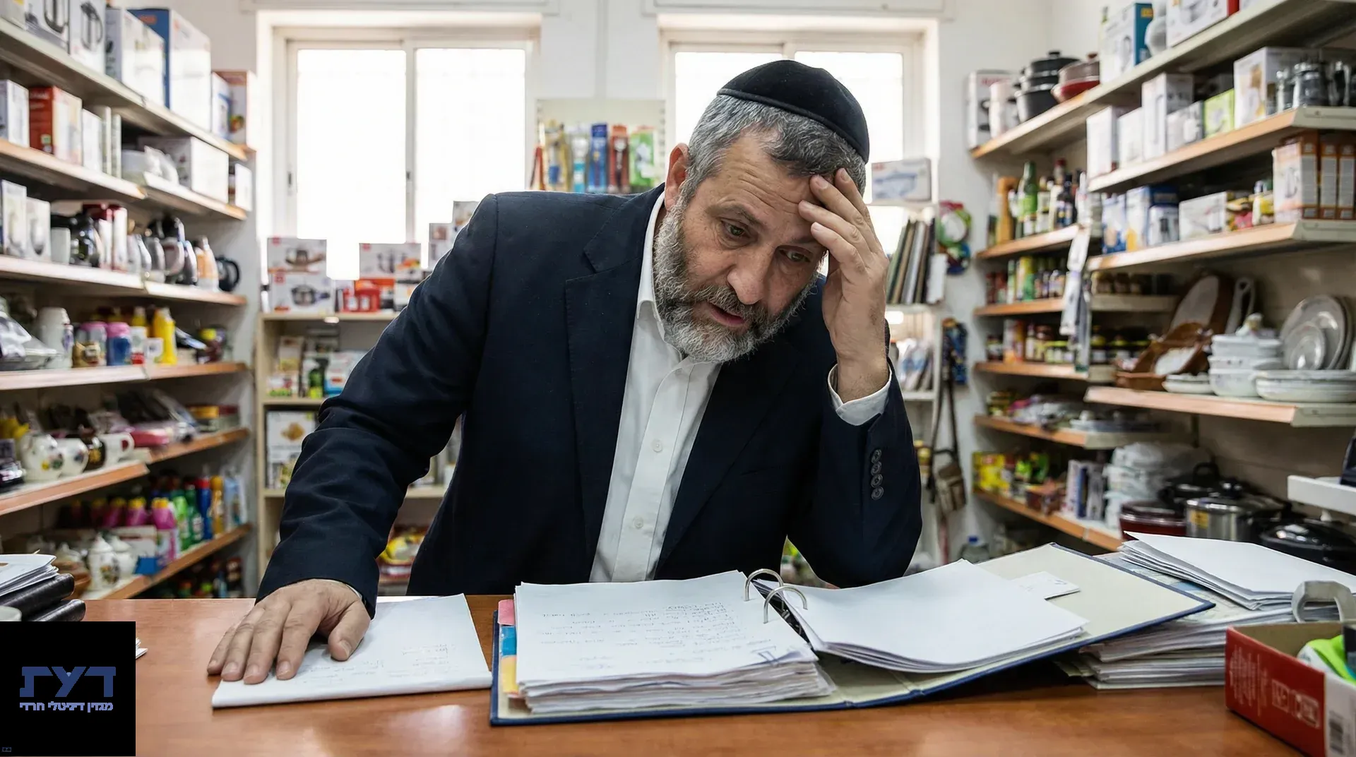 גבר יהודי מבוגר עם כיפה וזקן אפור יושב במשרד עמוס במדפים, נראה מודאג עם יד על המצח בעת עיון במסמכים