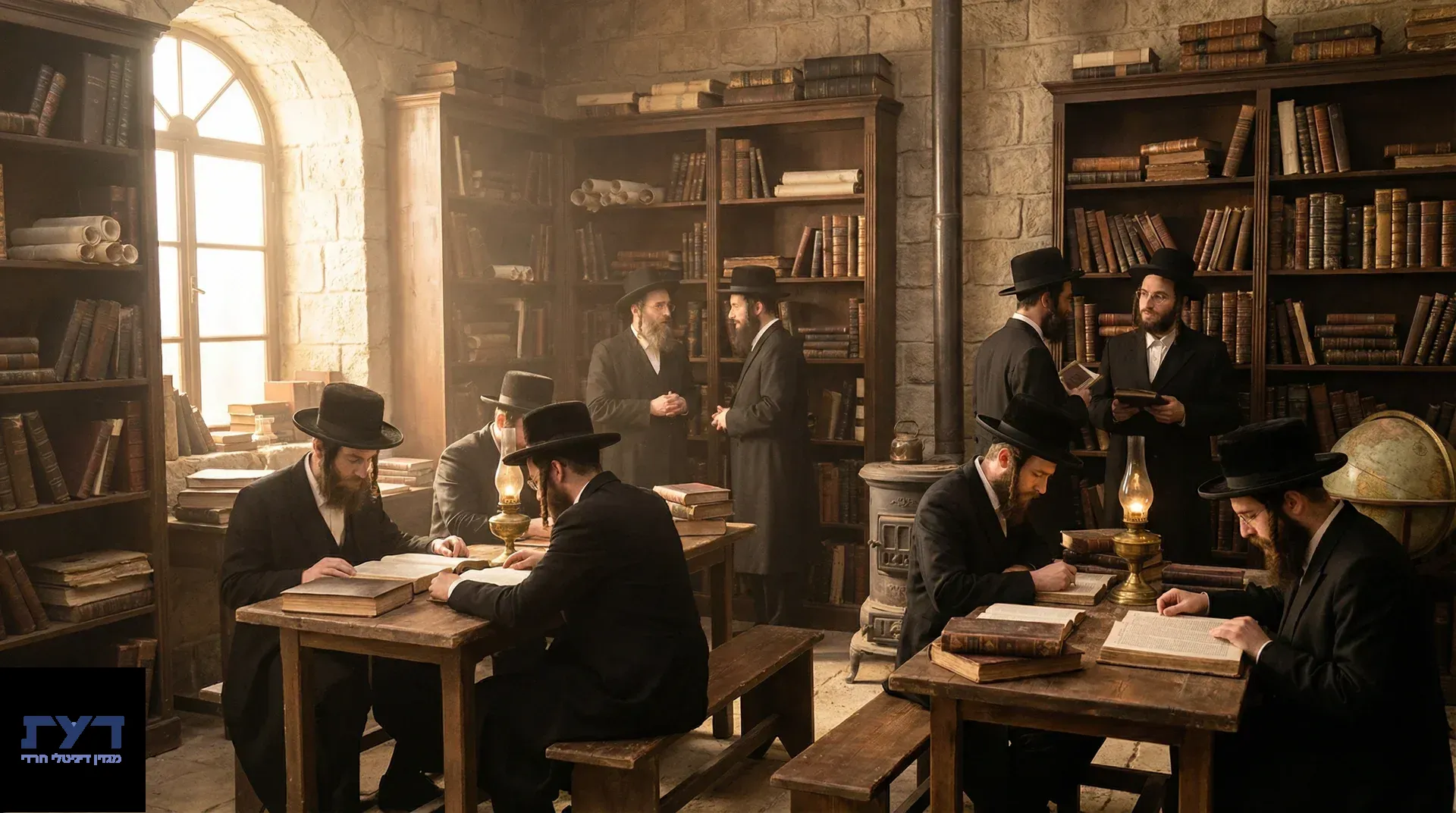 גברים חרדים לומדים ספרים קדושים בבית מדרש מסורתי עם קירות אבן, ארונות ספרים עתיקים ותאורת נפט חמה