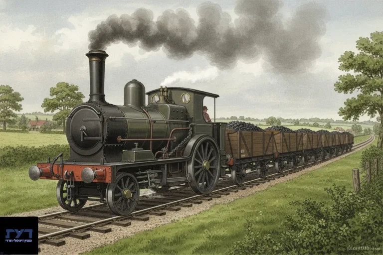 קטר קיטור לוקומושן מספר 1 משנת 1825 במבט צד, מפלט עשן מהארובה, מחובר לקרונות פחם על פסי רכבת באזור כפרי באנגליה