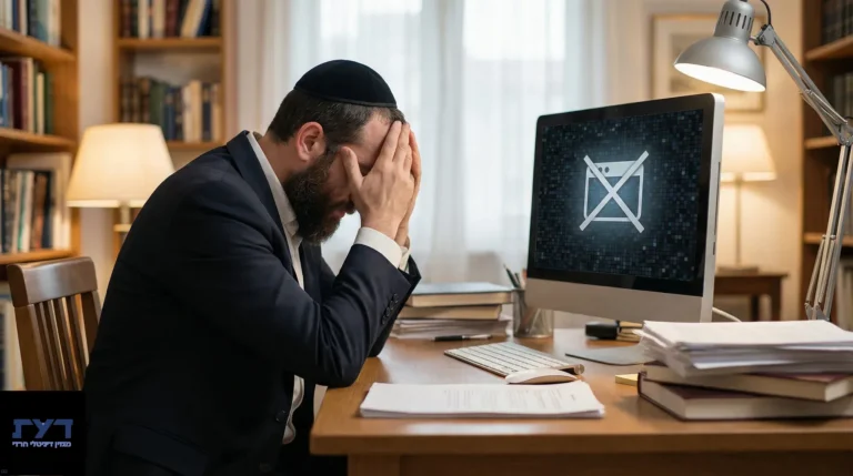 גבר יהודי חרדי עם זקן וכיפה מחזיק את ראשו בידיו מול מחשב עם סמל שגיאה, יושב ליד שולחן עבודה ביתי עם ספרים