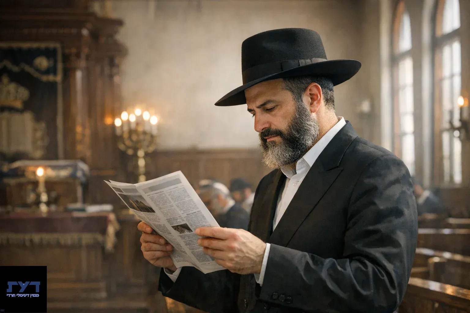 גבר יהודי חרדי עם זקן ולבוש בחליפה וכובע שחור קורא עיתון בבית כנסת עם חנוכייה דולקת ברקע