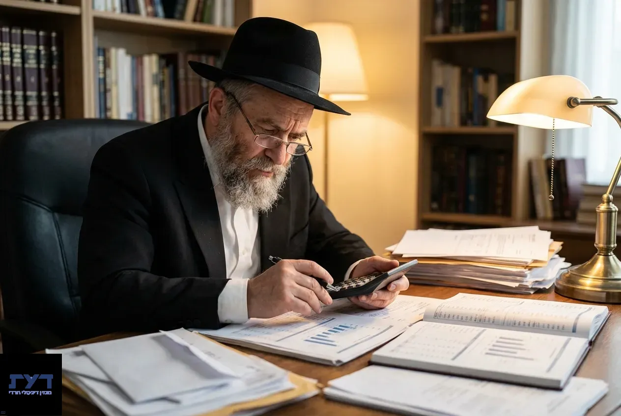 רב אורתודוקסי עם כובע ומשקפיים מחשב במחשבון ליד מסמכים בספרייה ביתית מוארת