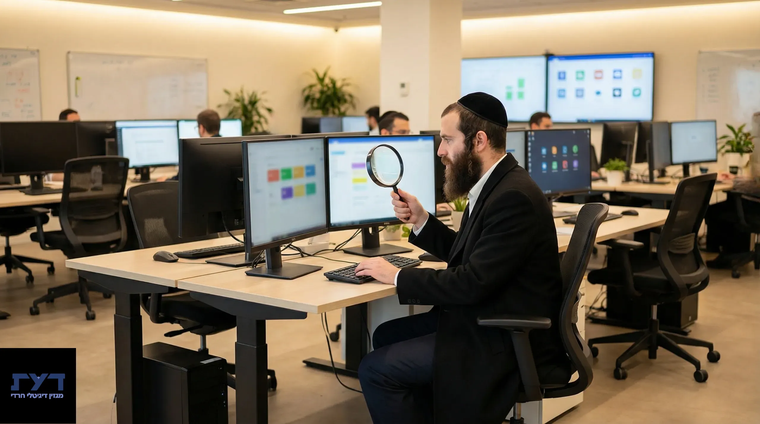 גבר חרדי עם זקן וכיפה מחזיק זכוכית מגדלת מול שני מסכי מחשב במשרד הייטק מודרני עם עובדים נוספים ברקע