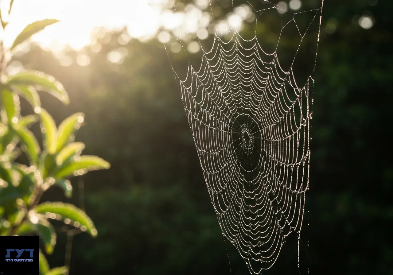 רשת עכביש עדינה עם טיפות טל נוצצות באור הבוקר, מציגה מבנה גיאומטרי מורכב ומפורט בטבע