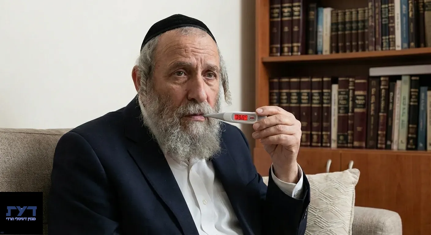 אדם חרדי מודד חום עם מדחום דיגיטלי המציג 39 מעלות, המחשה למנגנון ההומאוסטזיס ואיזון הגוף