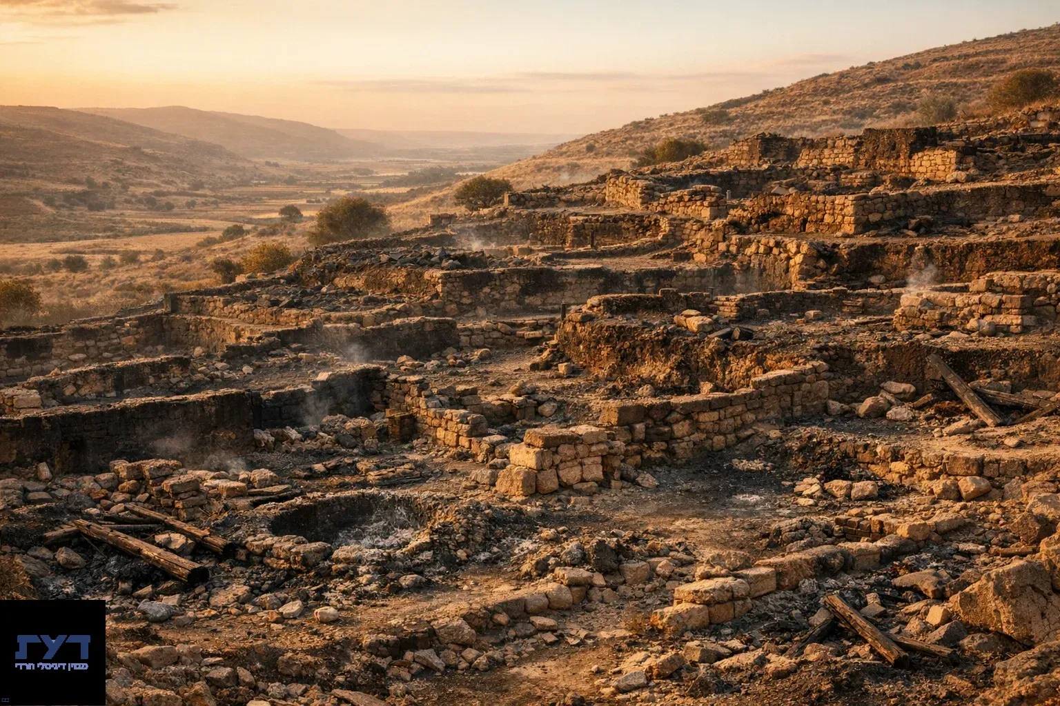 שרידי עיר עתיקה עם קירות אבן מתפוררים על גבעה, נוף עמק הררי ברקע, תאורת שקיעה זהובה