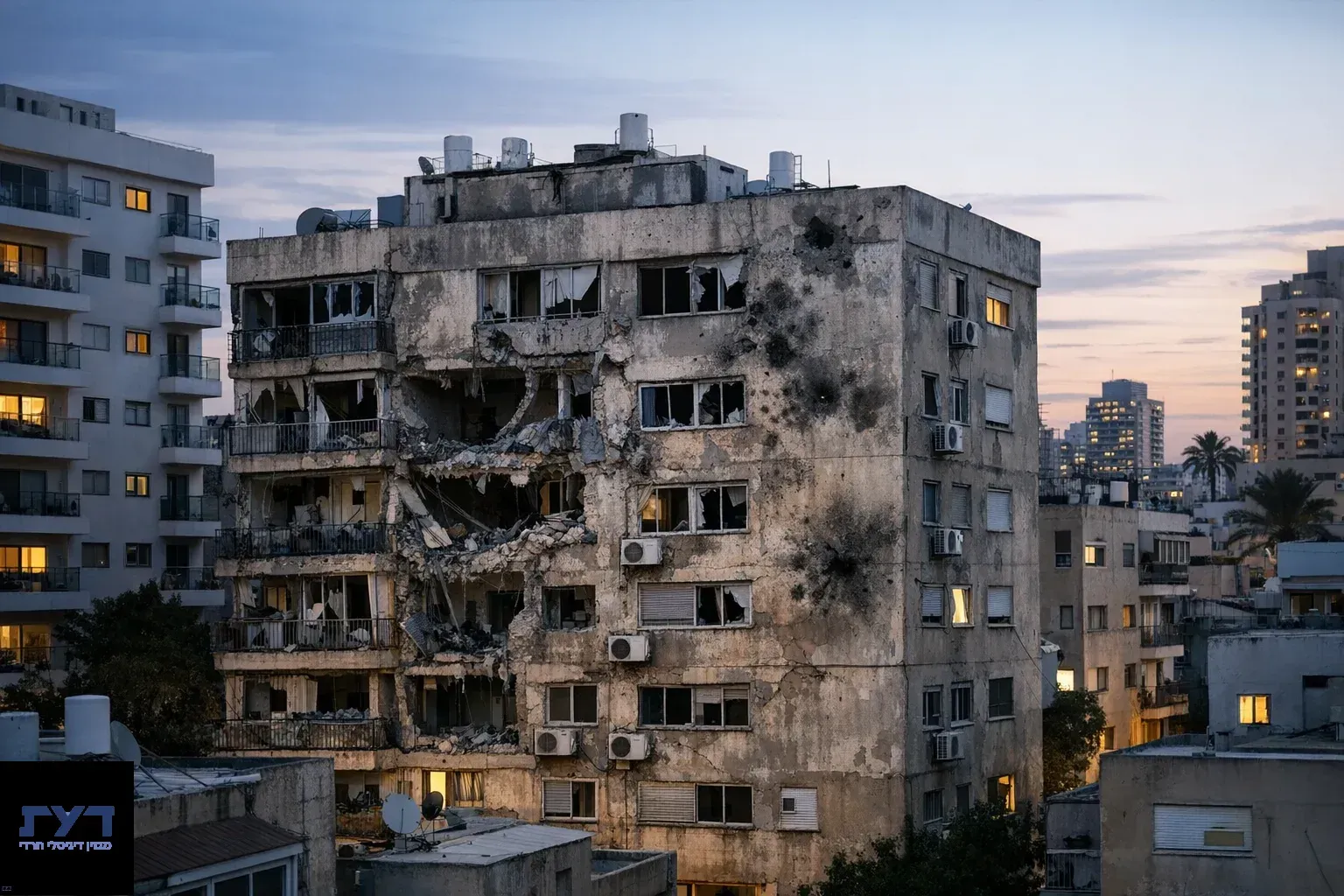 בניין מגורים פגוע בשכונה עירונית בשעת דמדומים, עם חורים בקירות וחלונות שבורים, לצד בניינים מודרניים מוארים