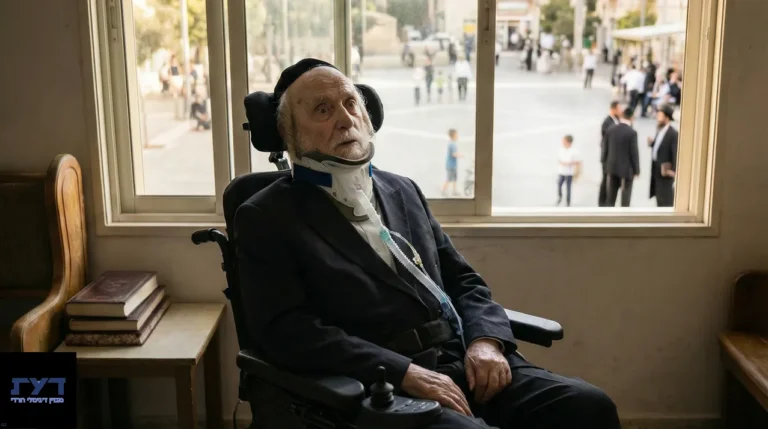 גבר בכיסא גלגלים יושב ליד חלון ומסתכל על קהילה תוססת בחוץ, מביע תחושת בדידות וכמיהה לחיבור חברתי