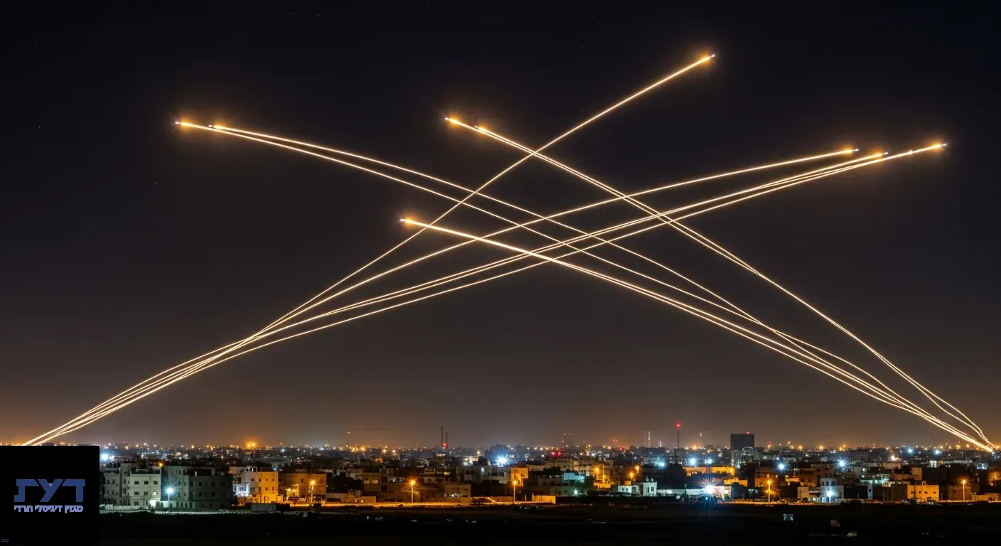מערכת כיפת ברזל משגרת טילי יירוט מעל עיר מוארת בלילה, קווי אור זהובים חוצים את השמיים