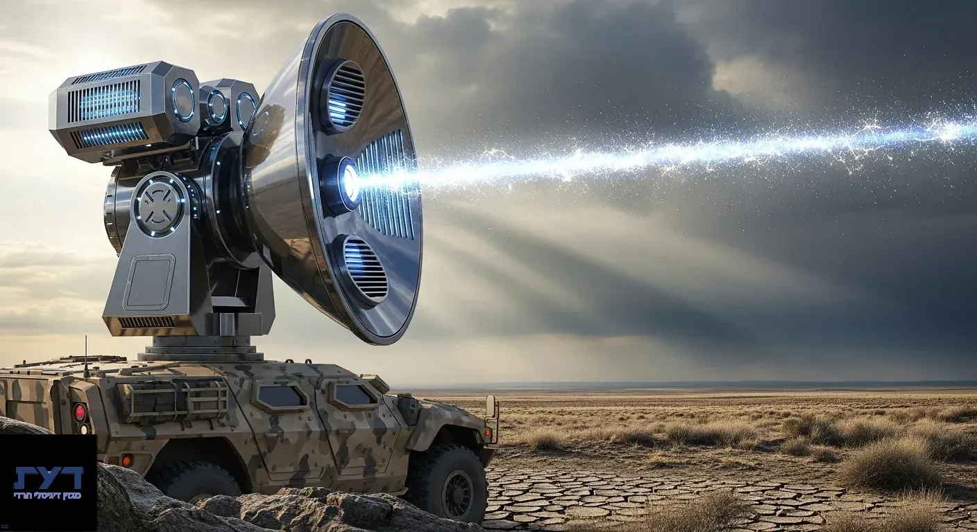 מכשיר LRAD צבאי עתידני מותקן על רכב משוריין פולט קרן אנרגיה כחולה לעבר נוף שומם תחת שמיים דרמטיים