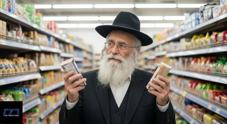 גבר יהודי חרדי מבוגר בלבוש מסורתי מחזיק שני מוצרים בסופרמרקט ומשווה ביניהם בהבעה מהורהרת