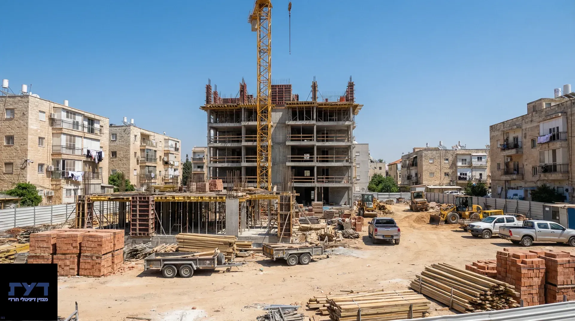 אתר בנייה של בניין מגורים רב קומות בשלד בטון ופלדה, עם מנוף צהוב ומבנים מסורתיים מסביב בשכונה חרדית