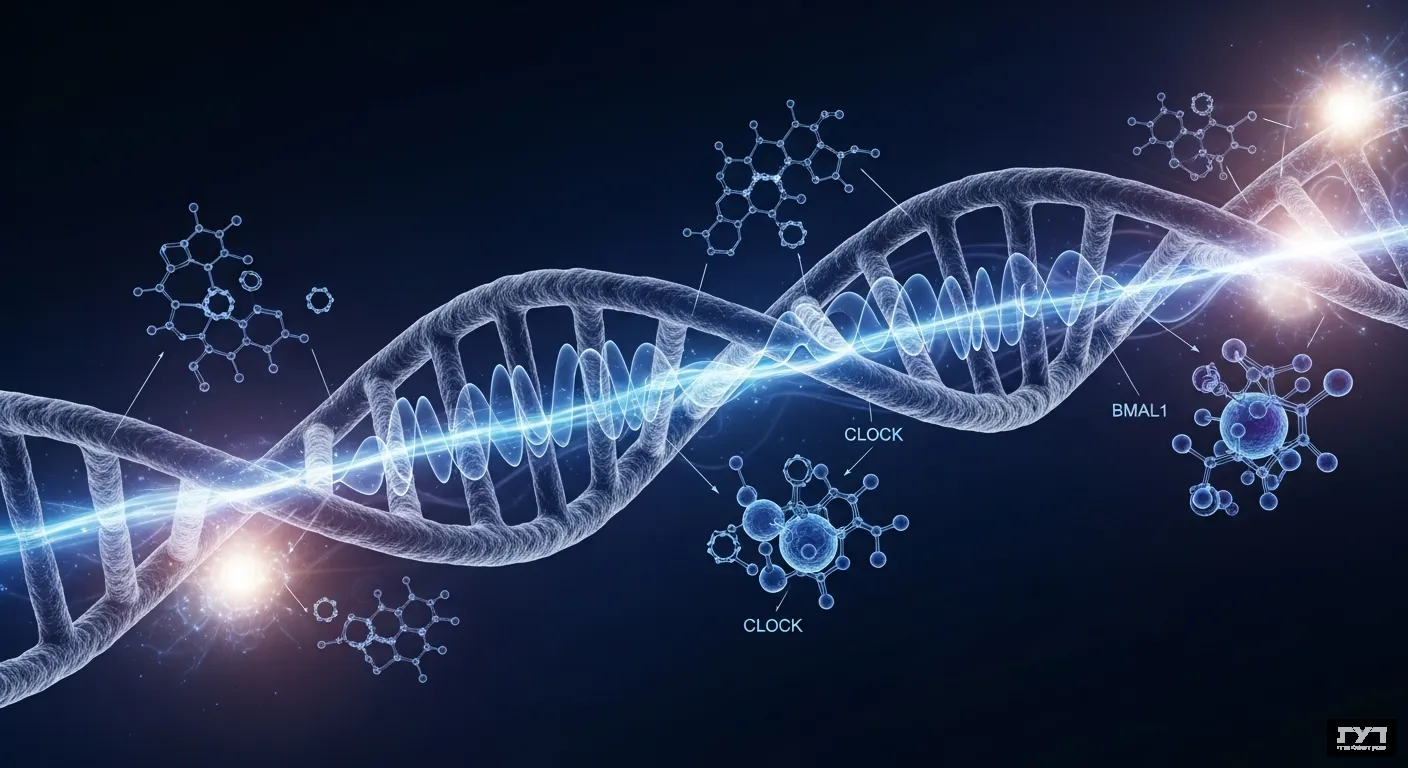 סליל DNA כפול עם דפוסים ריתמיים זוהרים, גני שעון ביולוגי ומולקולות מלטונין בגוני כחול וסגול