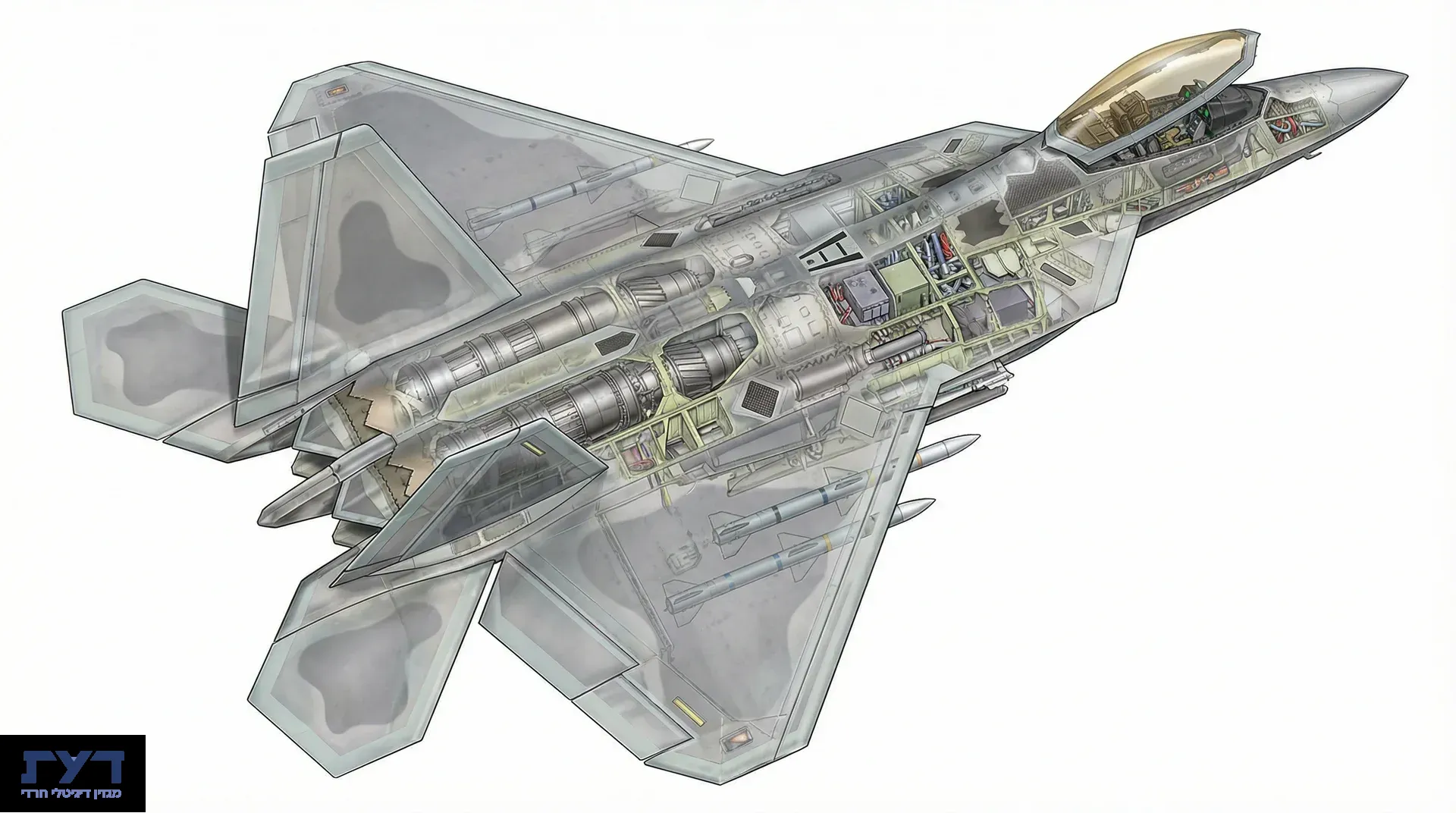 איור חתך טכני של מטוס F-22 Raptor חושף מנועים, מפרץ נשק פנימי, אוויוניקה ותא טייס במבט שקוף מפורט