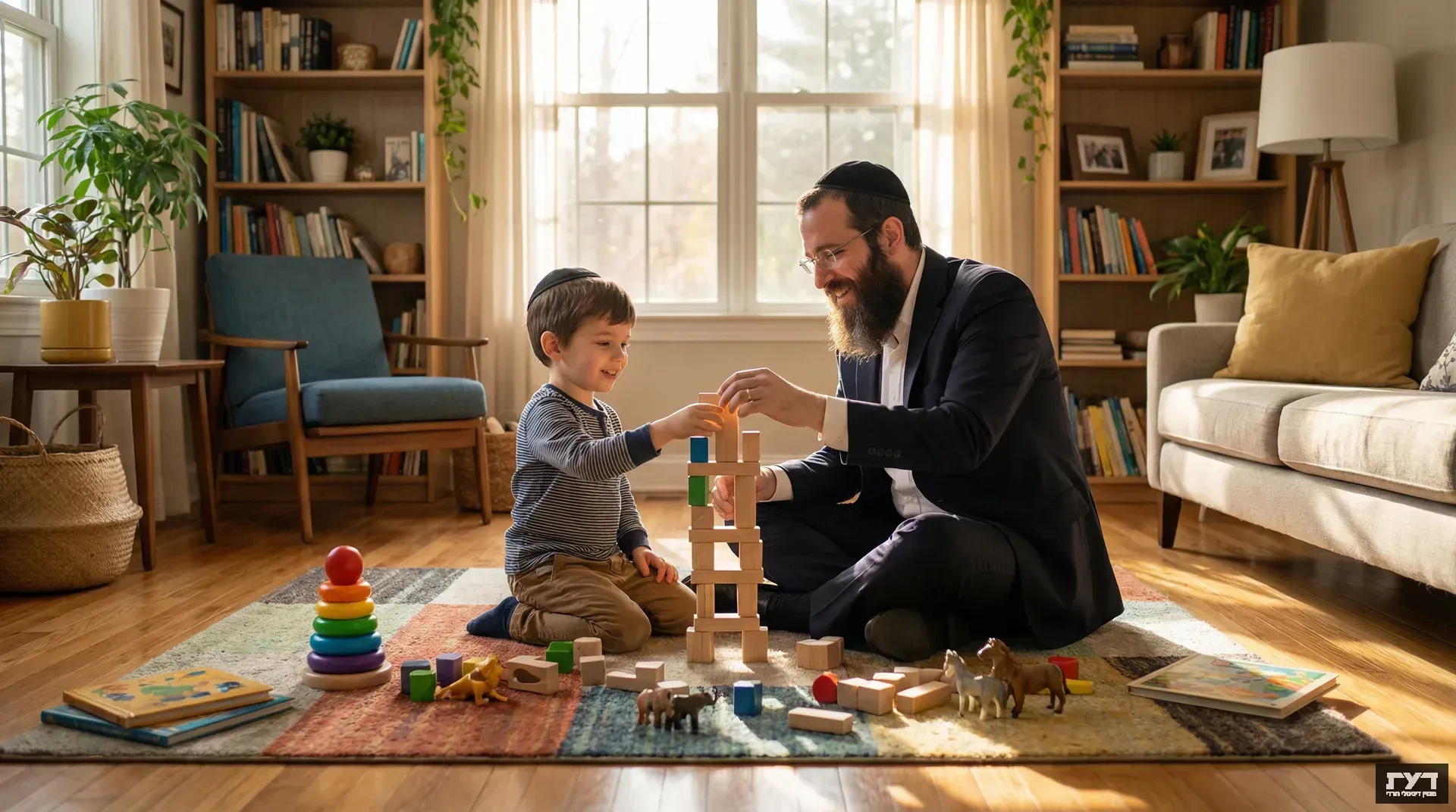 אב חרדי ובנו הקטן בונים יחד מגדל קוביות עץ על שטיח בסלון מואר עם ספרייה ברקע, רגע של חיבור משפחתי ושמחה
