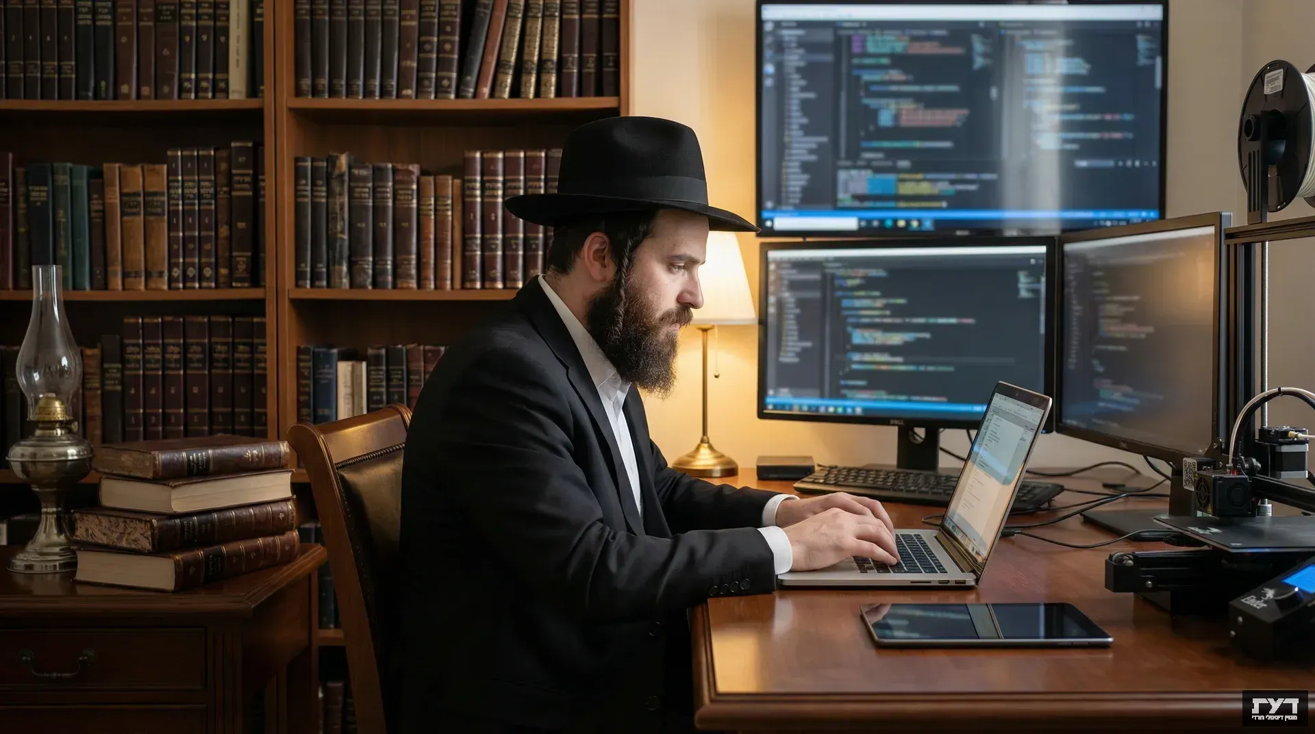 גבר חרדי בחליפה ובכובע שחור יושב ליד שולחן עבודה עם מחשב נייד, רקע של ספרים ומסכים עם קוד תכנות