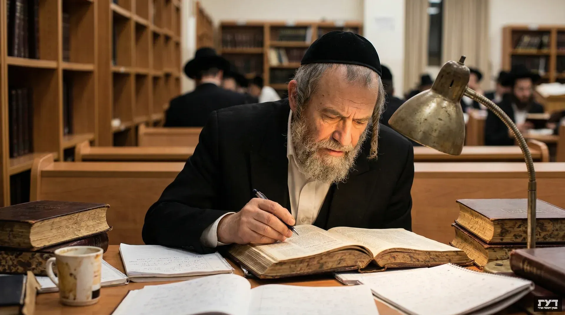 תלמיד חרדי בלבוש מסורתי שקוע בלימוד תלמוד בבית מדרש, מוקף ספרים ומחברות, תחת אור מנורת שולחן חמה