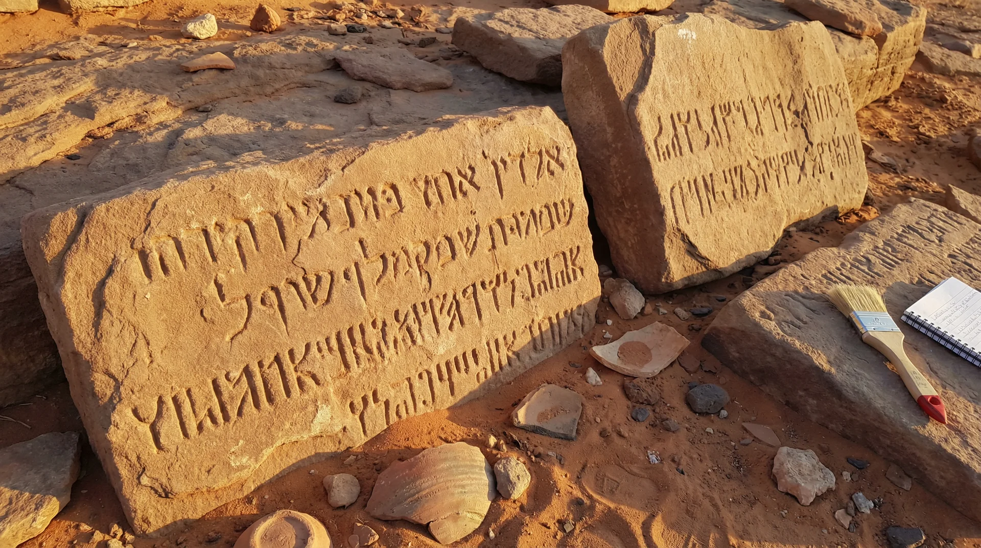 כתובות אבן עתיקות מממלכת חִמְיָר בתימן, חצובות בכתב עברי וערבי דרומי, מוארות באור שמש זהוב במדבר