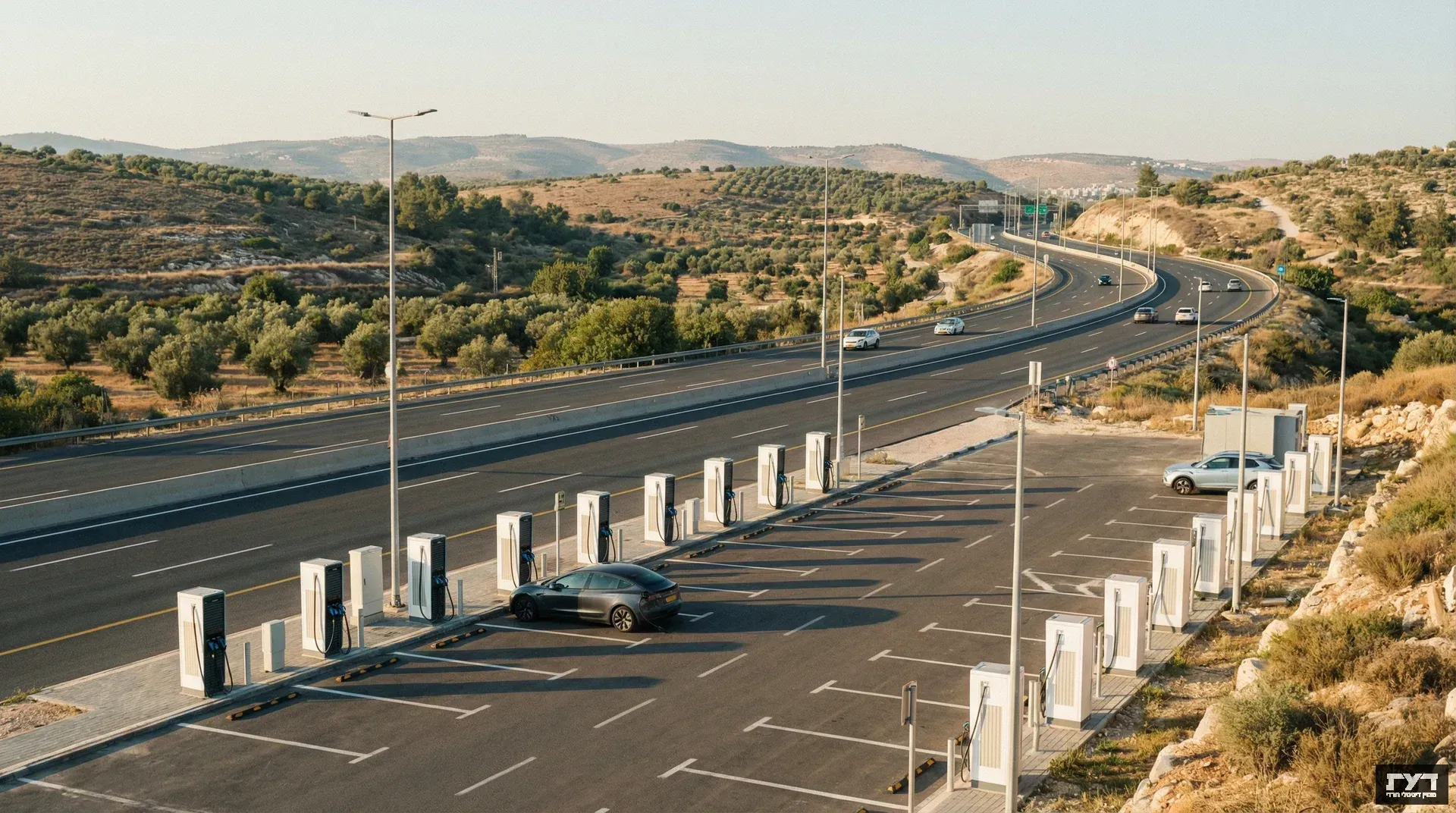 תחנות טעינה לרכבים חשמליים לצד כביש מהיר בנוף ישראלי גלי עם רכבים נוסעים ברקע