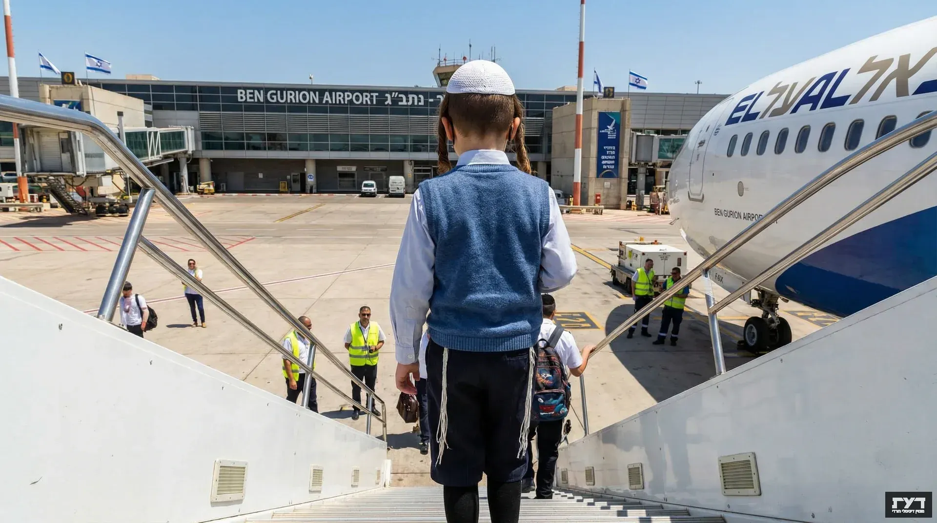 ילד חרדי עם כיפה וציציות יורד ממטוס אל על בנמל התעופה בן גוריון, נושא תיק ומתקרב לטרמינל