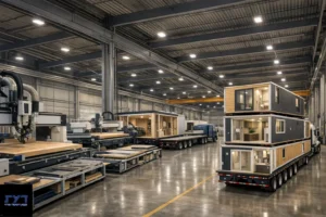 מפעל בנייה מודולרית עם מכונות CNC מתקדמות ומודולי בניה מוגמרים עם חלונות ודלתות מוערמים על משאיות להובלה