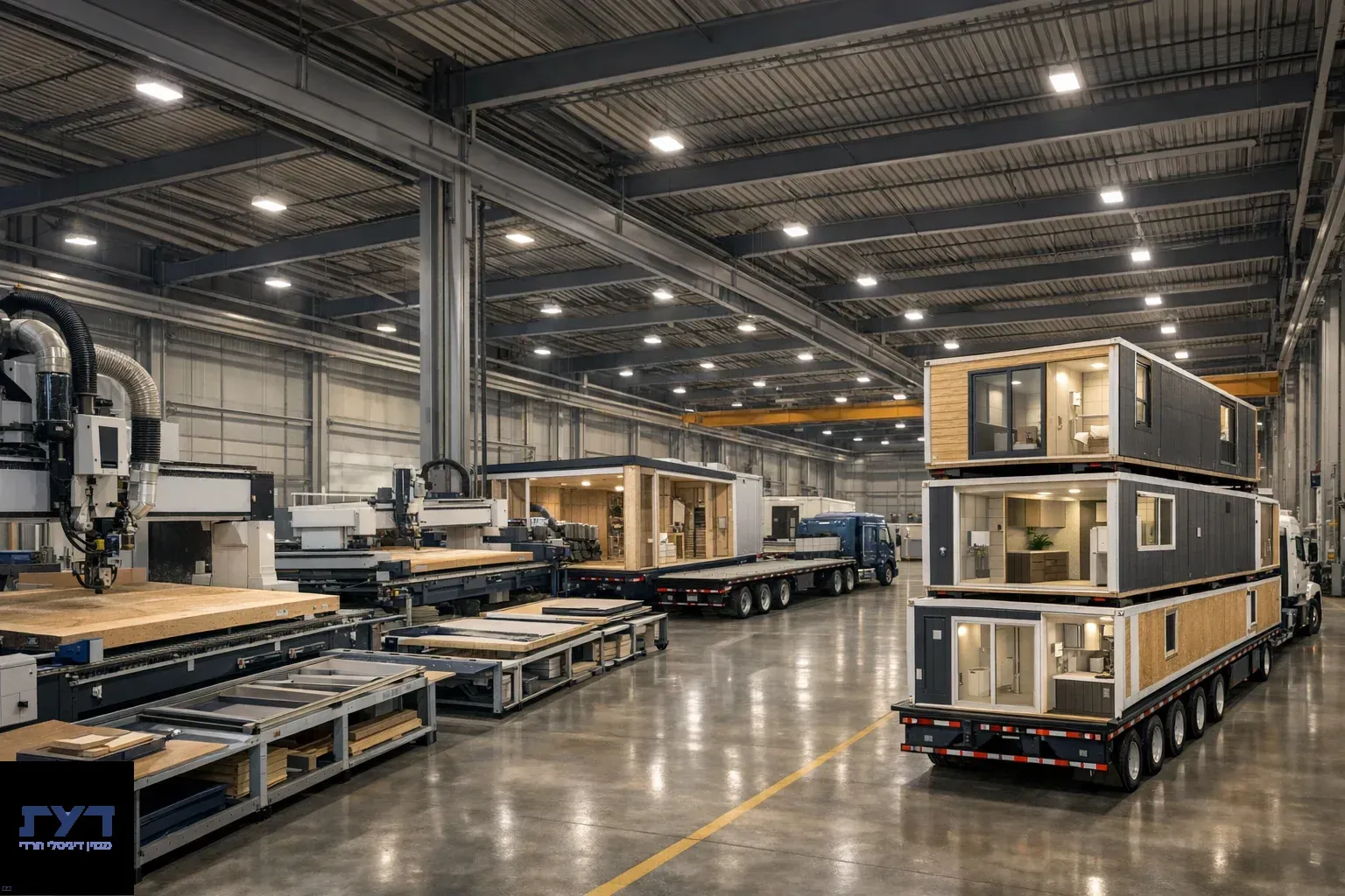 מפעל בנייה מודולרית עם מכונות CNC מתקדמות ומודולי בניה מוגמרים עם חלונות ודלתות מוערמים על משאיות להובלה