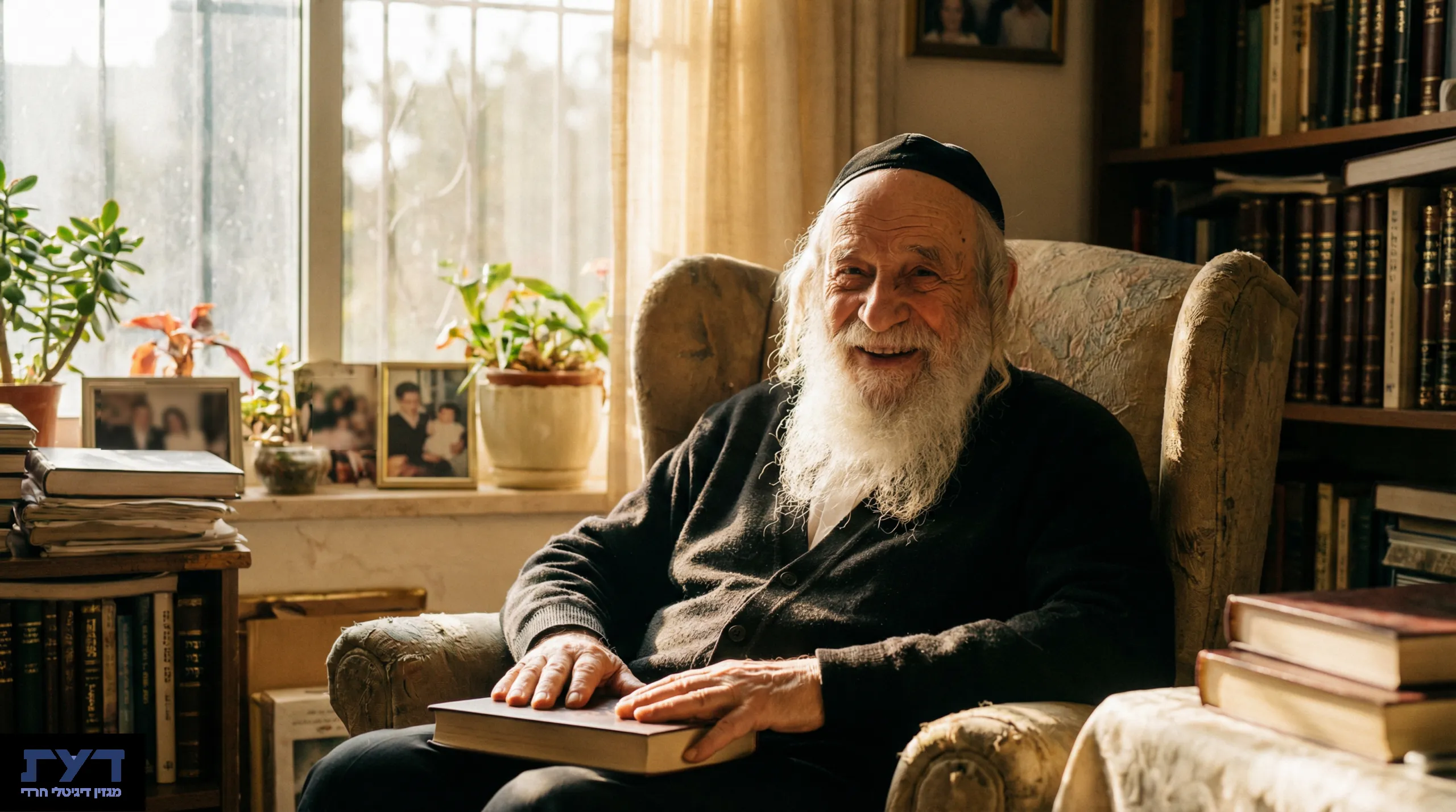 יהודי חרדי קשיש מחייך בשמחה יושב בכורסה ליד חלון מואר באור טבעי, ספרים על אדן החלון ומדף ברקע