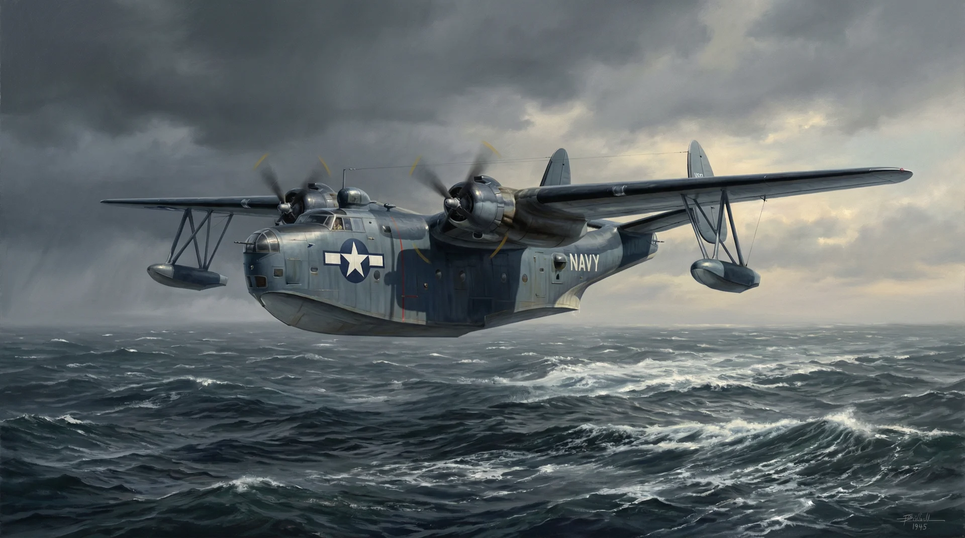 מטוס ימי אמריקאי עתיק בצבע אפור עם סימון NAVY טס נמוך מעל אוקיינוס סוער תחת שמיים מעוננים