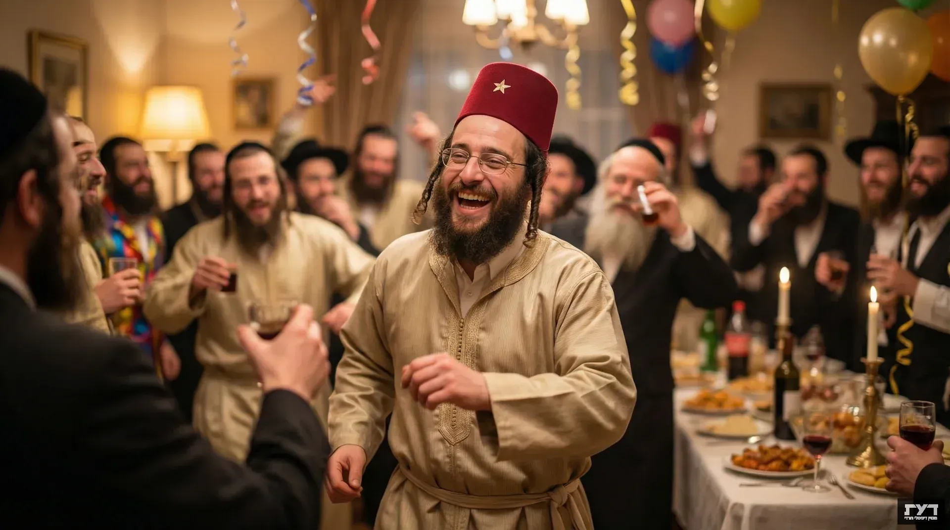 גבר חרדי בתחפושת פורים עם כובע אדום וקפטן זהוב חוגג בשמחה מול קהל גברים חרדים, בלונים וקישוטים ברקע