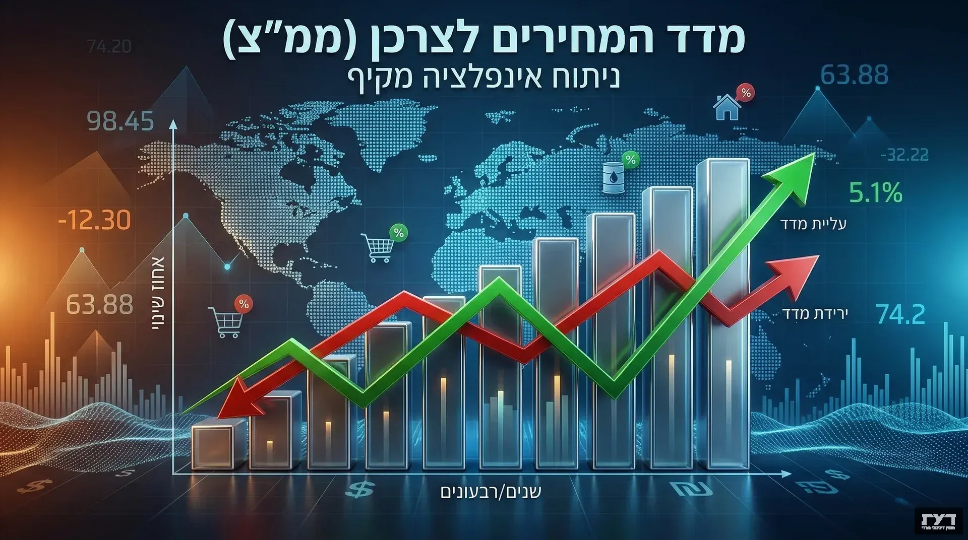 אינפוגרפיקה של מדד המחירים לצרכן עם גרפים עולים ויורדים, מפת עולם ונתונים סטטיסטיים על רקע כחול