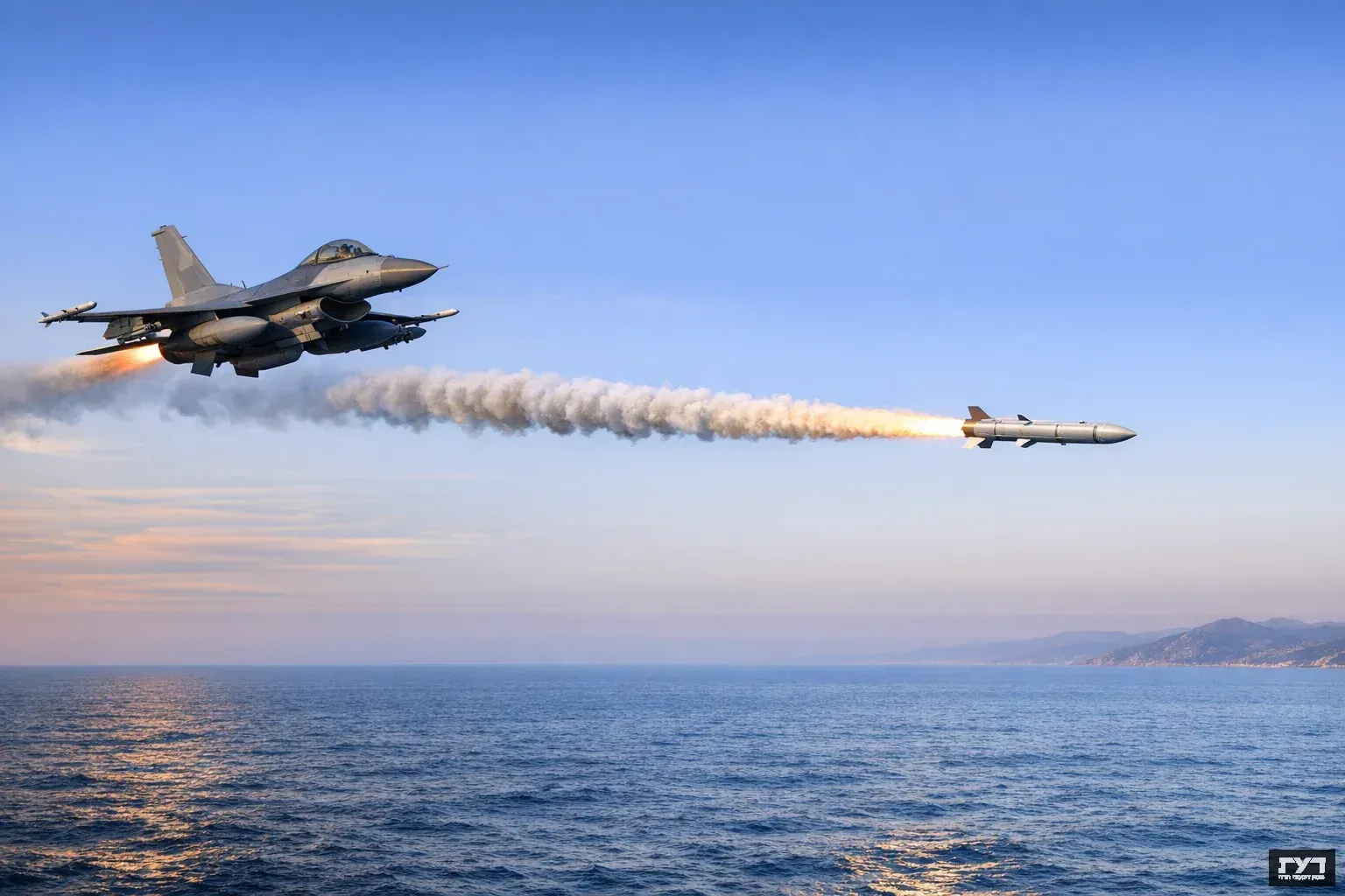 מטוס קרב F-16 משגר טיל מעל הים בשמיים כחולים עם שובל עשן כתום מהטיל