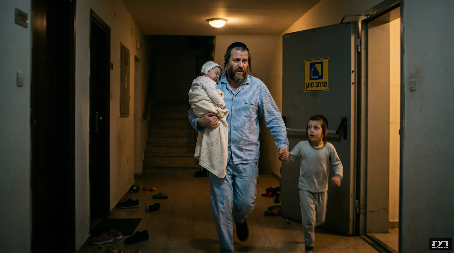 אב חרדי נושא תינוקת בזרועותיו ורץ במסדרון מקלט עם ילד אוחז בידו, שלט מרחב מוגן בנראה ברקע