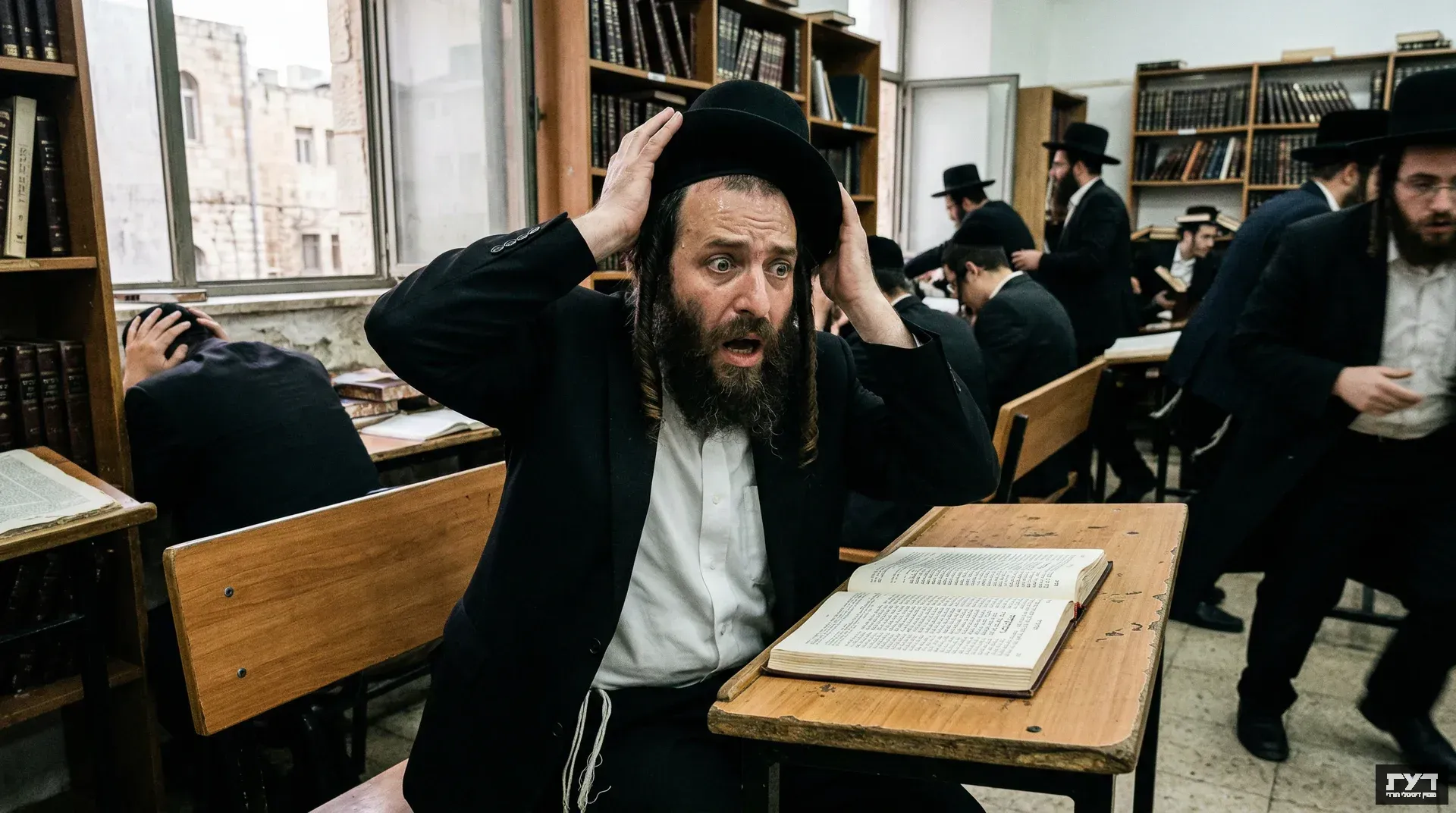 גבר חרדי בבית מדרש תופס את ראשו בפחד ומתח בזמן שמיעת אזעקה, סביבו אנשים נבהלים בתנועה