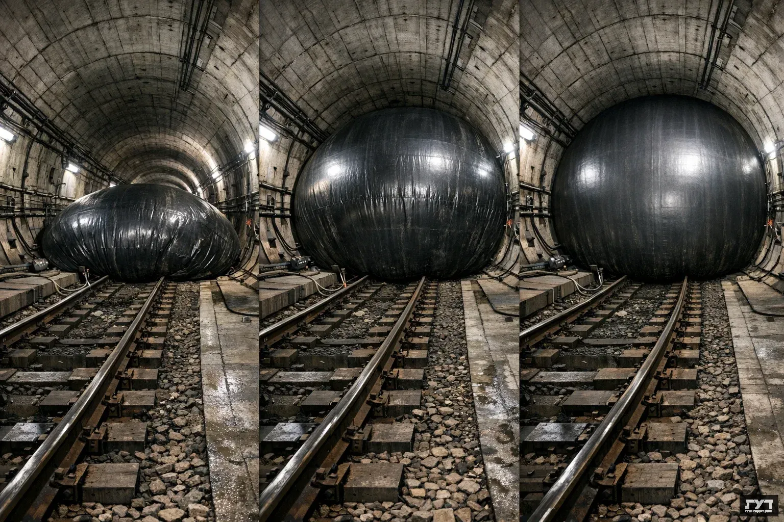 פקק מתנפח בשלבי התרחבות שונים בתוך מנהרת רכבת תחתית, ממלא את כל רוחב המנהרה מעל פסי הרכבת