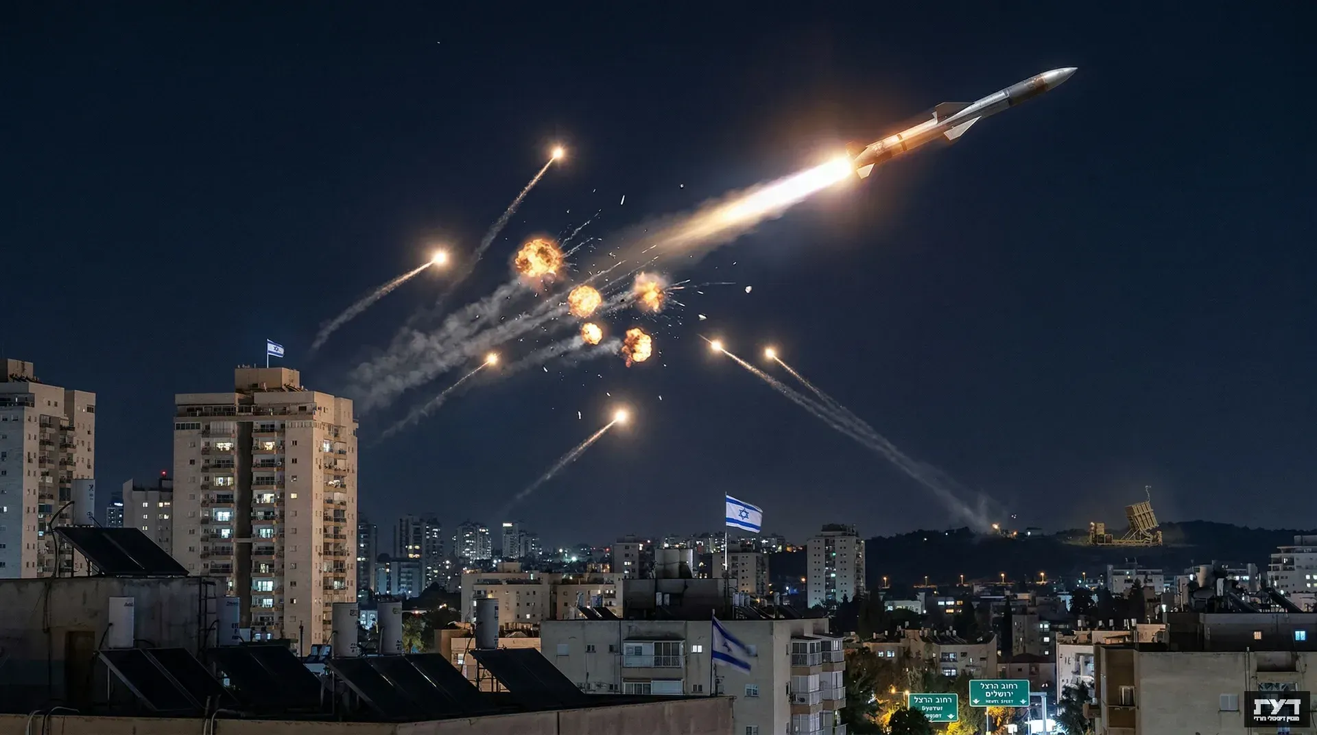 מערכת כיפת ברזל יורטת טילים מעל שמי עיר ישראלית בלילה, עם פיצוצים באוויר ומבני מגורים למטה