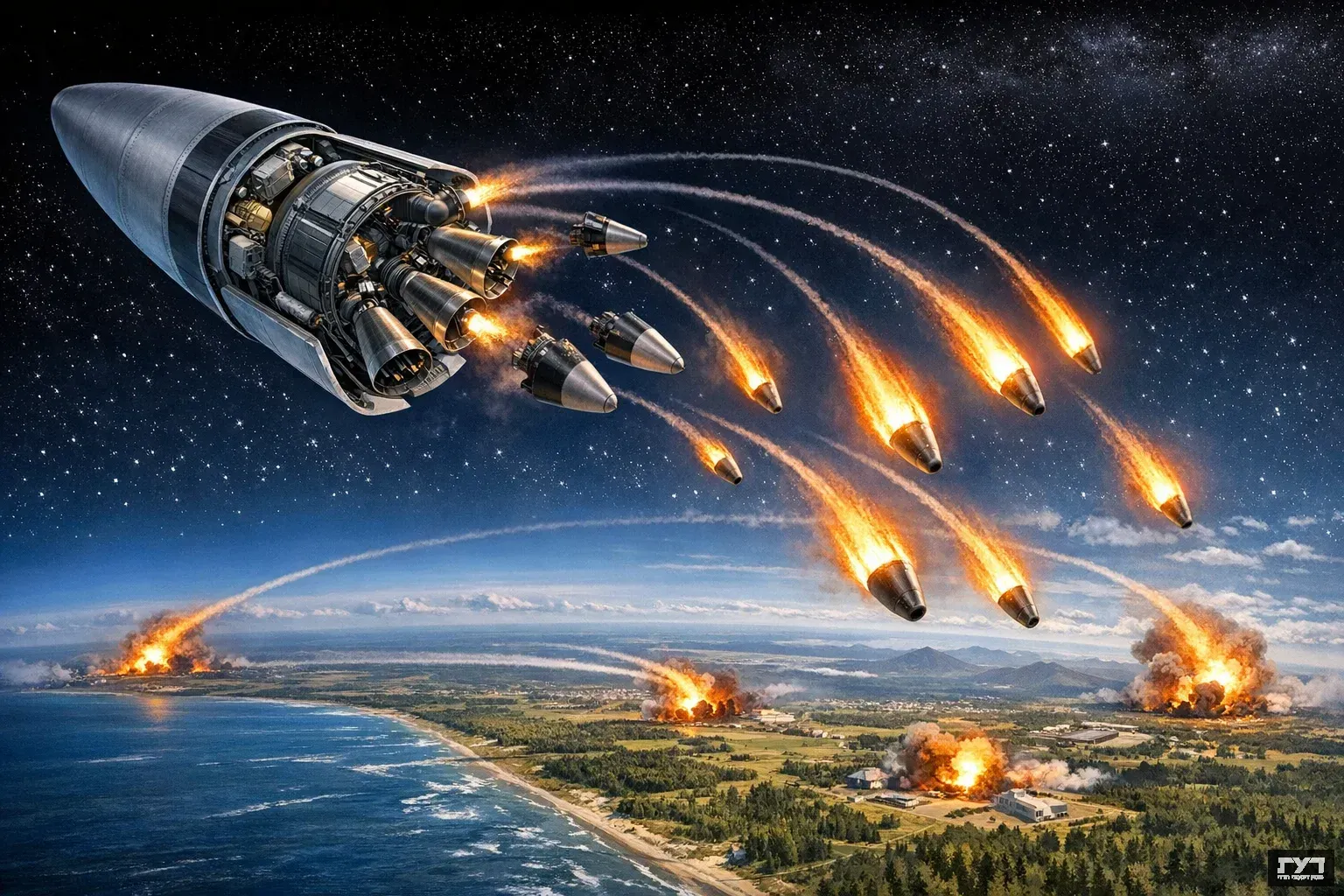חתך טכני של טיל בליסטי MIRV בחלל עם ראשי נפץ עצמאיים נפרדים ויורדים לעבר מטרות שונות באטמוספירה