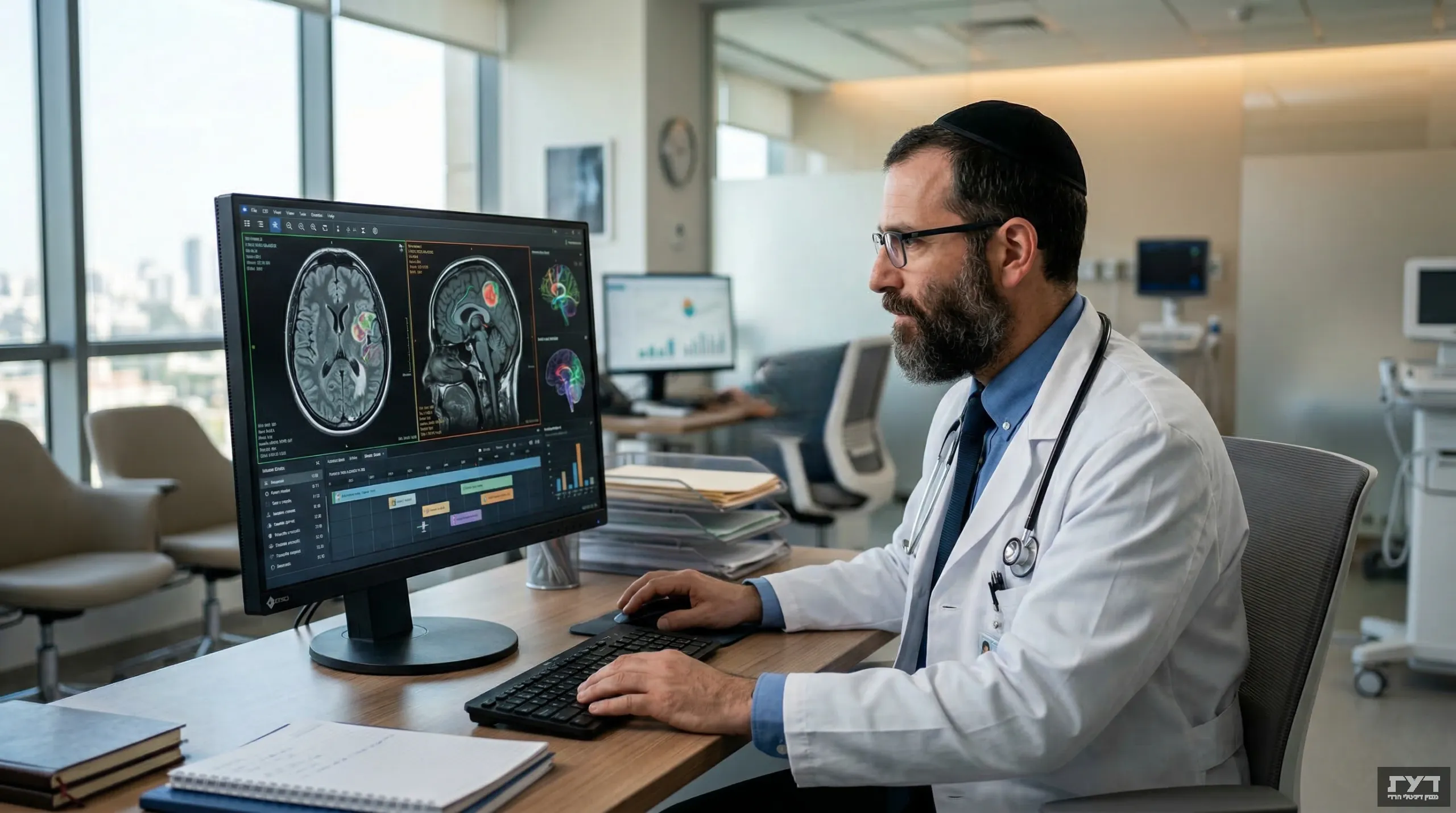 רופא חרדי בכיפה בוחן תוצאות MRI של המוח על מסך מחשב במרפאה מודרנית עם כלי אבחון דיגיטליים מתקדמים