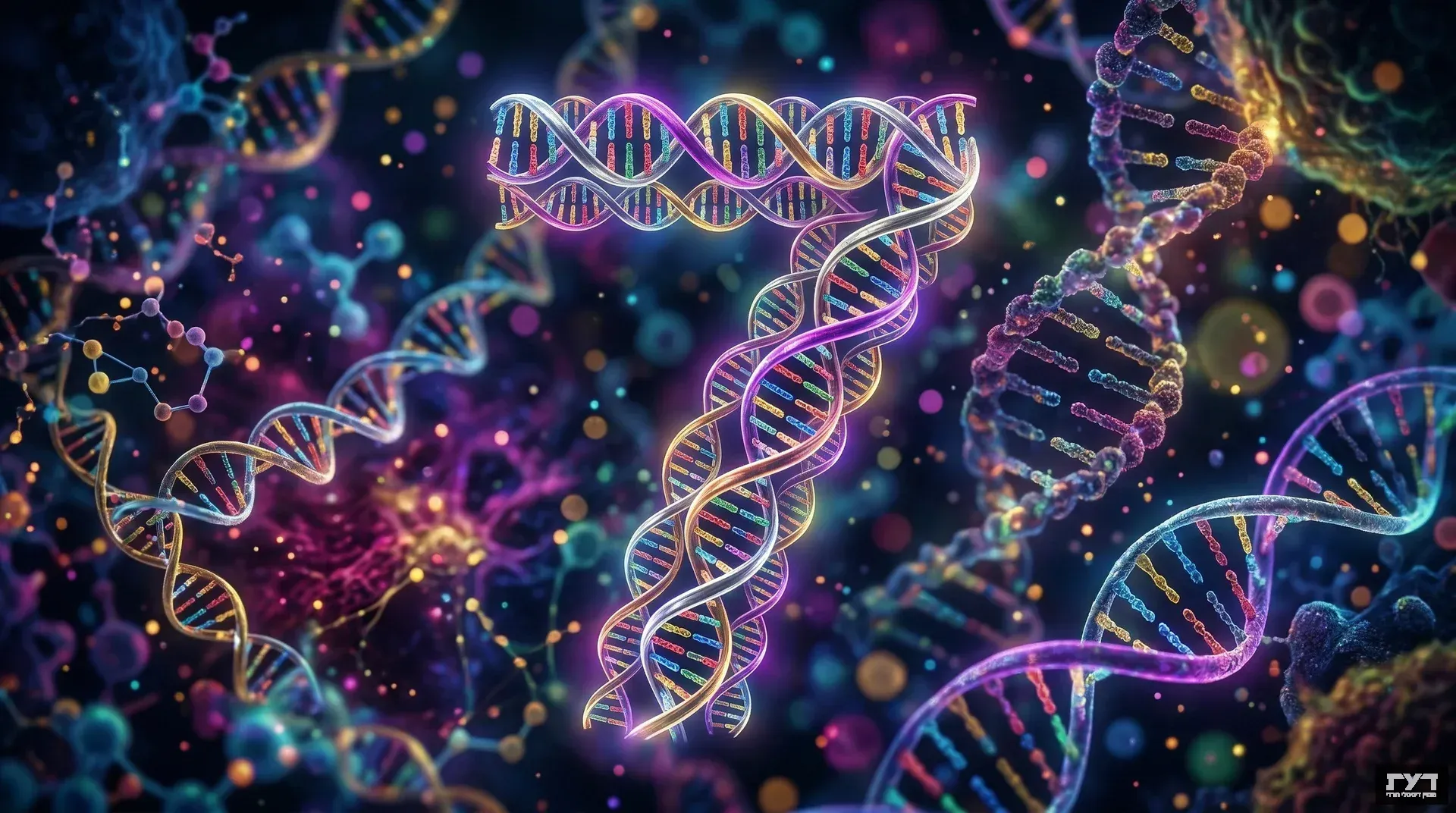 מבנה סליל DNA כפול צבעוני מעוצב בצורת ספרה 7 על רקע כהה עם מולקולות וסלילי DNA נוספים